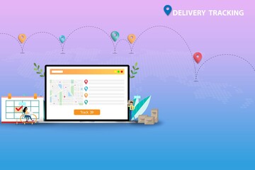 Concept of delivery tracking, team of logistics department are working to prepare and track the shipments to deliver the goods to customers in pastel color background.