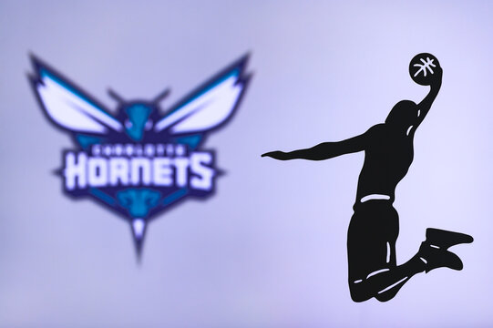 NEW YORK, USA, JUN 18, 2020: Charlotte Hornets basketball club logo, silhouette of jumping basket player, sport photo NBA, edit space.