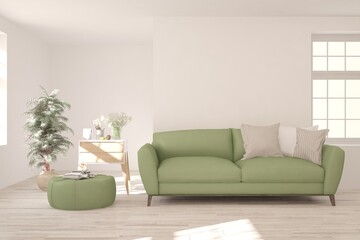 White stylish minimalist room with sofa. Scandinavian interior design. 3D illustration