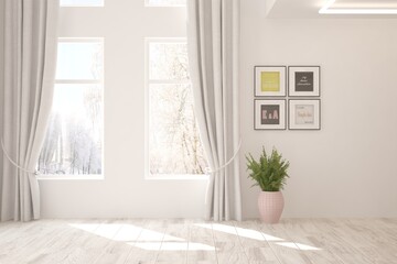 White stylish empty room with winter landscape in window. Scandinavian interior design. 3D illustration