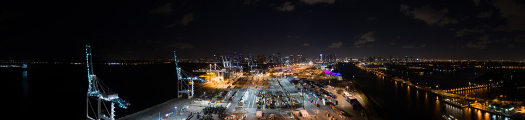 Aerial night panorama Port of Miami night