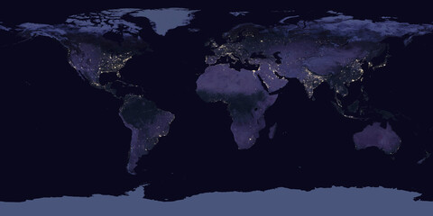 Equirectangular projection map of the night side of the Earth with city lights. Elements of this...