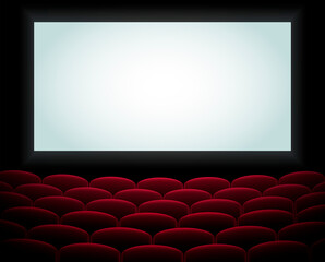 Interior of a cinema movie theatre, lecture hall with copyspace on the screen and rows of blue cinema or theater seats in front. Empty Cinema auditorium with white screen. Vector illustration. EPS 10