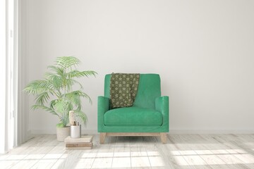 White cozy minimalist room with armchair. Scandinavian interior design. 3D illustration