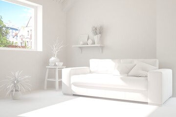 Stylish room in white color with sofa and green landscape in window. Scandinavian interior design. 3D illustration