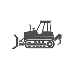 A bulldozer black icon. A heavy machinery for a construction  and industrial work.
