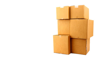 A stack of cardboard boxes on white background in studio,courier service concept.