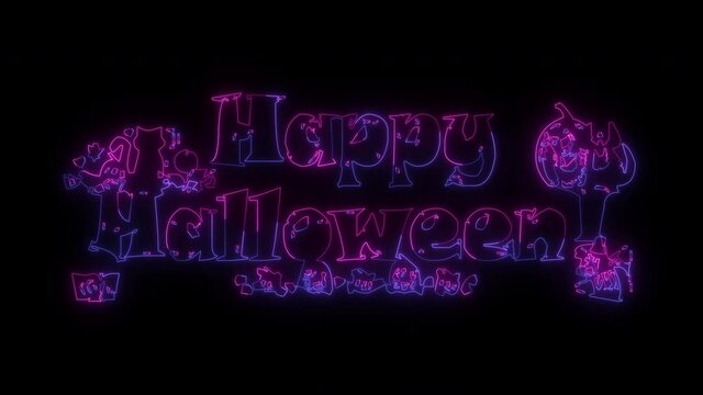 Happy Halloween text for party invitation, greeting card neon sign light glowing on black background. Happy Halloween Text Banner with witch lights. The best stock of animation neon flickering