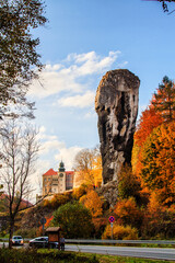 PIESKOWA SKALA, POLAND - OCTOBER 13, 2013: Castle in Pieskowa Skala and rock called Hercules Club