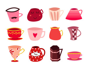 Set of pink and red mugs. Collection of cute cups. Isolated on a white background. Various ornaments and patterns. Vector illustration. For design, web, graphic. Funny dishes and kitchenware. 