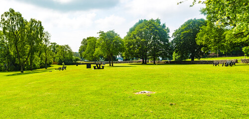 Parkland next to Devils Bridge at Kirkby Lonsdale. Cumbria. Taken on a bright clear day.