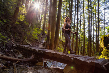 Naklejka na ściany i meble Adventurous Girl Hiking in a Green and Vibrant Rain Forest during a sunny spring day. Taken in Abbotsford, East of Vancouver, British Columbia, Canada. Nature Background Panorama