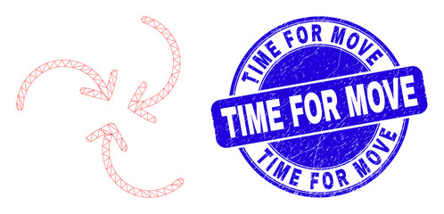 Web carcass swirl arrows pictogram and Time for Move seal stamp. Blue vector round scratched seal stamp with Time for Move text.