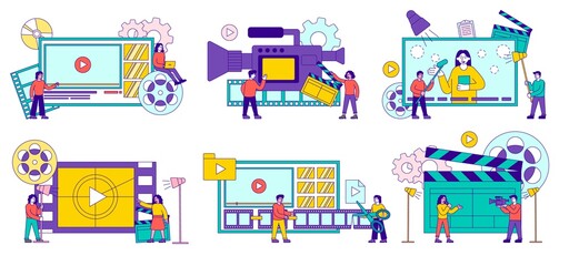 Six assorted scenes for video and videography showing takes, filming, editing, camera and motion reels, colored vector illustration