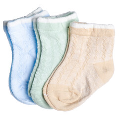 Children's baby socks on white background isolation, top view