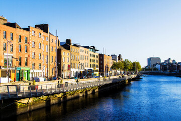 DUBLIN, IRELAND - NOVEMBER 11: Panoramic view of Bachelors Walk and River Liffey, Dublin, Ireland...