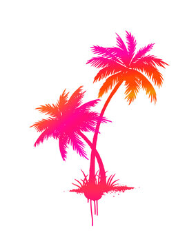 Vector isolated art silhouette drawing illustration of pink orange yellow gradient abstract two palms trees are looped around with gross and drips of paint, print design for t-shirt.Sticker.Summer