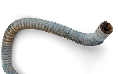Clogged plastic corrugated drain hose. Isolated on a white background.