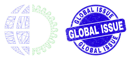 Web mesh global service icon and Global Issue seal stamp. Blue vector rounded scratched seal with Global Issue title. Abstract carcass mesh polygonal model created from global service pictogram.