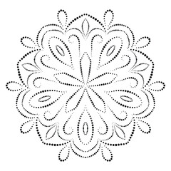 laser cut paper, lace medallion, ornamental dotted pattern, cutout mandala, vector ethnic mehndi pattern, pentagonal form, abstract vintage doily, wedding invitation, black and white greeting card.