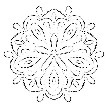 laser cut paper, lace medallion, ornamental dotted pattern, cutout mandala, vector ethnic mehndi pattern, pentagonal form, abstract vintage doily, wedding invitation, black and white greeting card.
