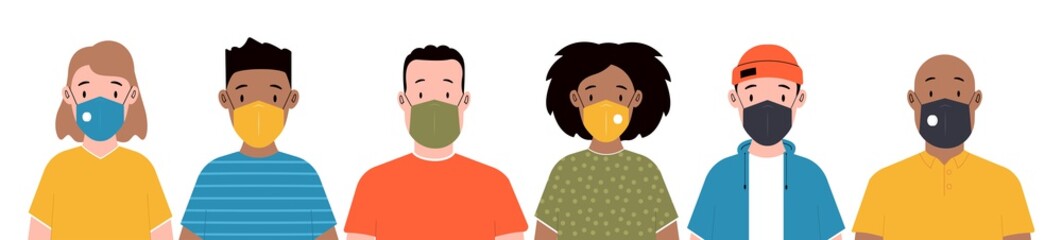 Men and women wearing medical masks to prevent disease. Group of people in face masks. Vector illustration in a flat style