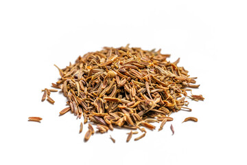 Pile of zira, cumin seeds isolated on white background. Dry herb and spice for cooking food.