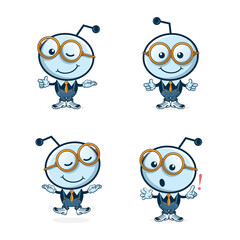 Geek Alien with Glasses in Several Poses Vector Illustration. Mascot / Character Design Set.