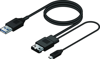 A USB (universal serial bus) cable adapter. USB type A to eSATA and USB micro power.