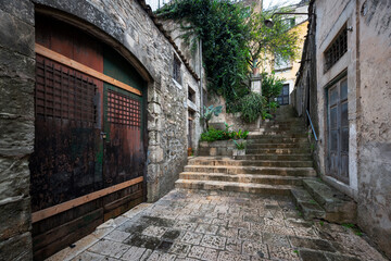 Old town, vintage facade, stairs to the past