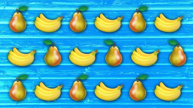 Background. Animation of fruits on a wooden table.