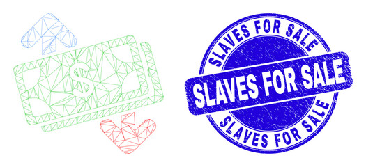 Web carcass banknotes exchange arrows pictogram and Slaves for Sale watermark. Blue vector round textured watermark with Slaves for Sale text.