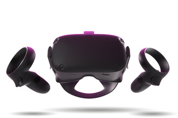 3D render of VR headset with goggles and controllers on white background