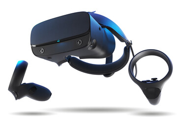 3D render of VR headset with goggles and controllers on white background