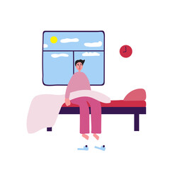 The young man woke up in the morning in a cheerful and good mood. Vector illustration on a white background for postcards, articles, posters.