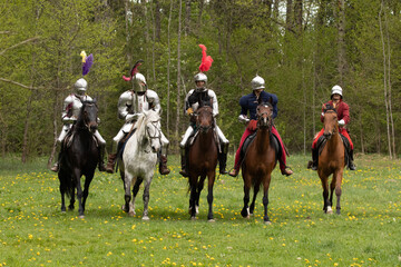 A knight in vintage armor of the 15th century rides a horse across a field for a tournament