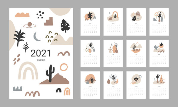 2021 calendar design. Set of 12 months. Week starts on Monday. © LaruArt