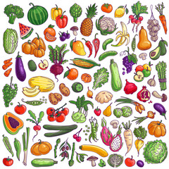 Fruits and vegetables, fresh produce,grocery store. Colorful vector cartoon icons set  isolated on white background.