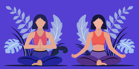 Trendy vector illustration of a woman practicing yoga. Yoga and meditation. Woman sitting in different positions. International Yoga Day.Set
