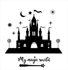 Vector illustration of black medieval castle with lettering and magic wand. isolated on white