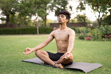 A young indian shredded teenage boy doing yoga aasan in the park on international yoga day