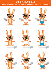 Geek Rabbit with Glasses & Clothes in Several Poses Vector Illustration. Mascot / Character Design Set.