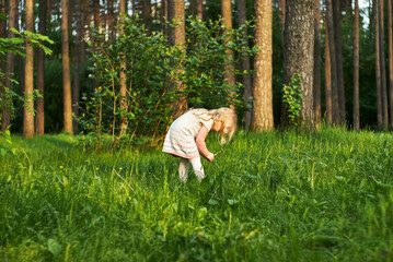 little girl in a forest glade looks at flowers