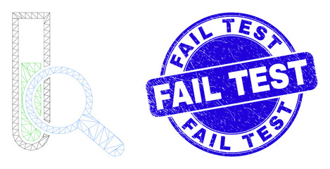 Web carcass explore test-tube pictogram and Fail Test seal stamp. Blue vector round scratched seal stamp with Fail Test text.