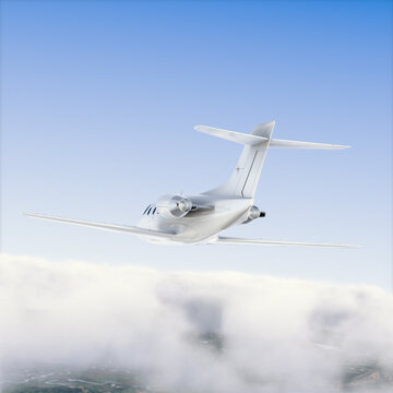 3D render of Private Jet flying above the Clouds From Behind