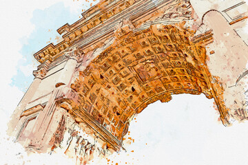 Watercolor of arch of titus, the Roman Forum at Rome Italy © Destiny