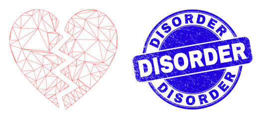 Obraz premium Web carcass broken heart pictogram and Disorder seal. Blue vector round textured seal with Disorder title. Abstract carcass mesh polygonal model created from broken heart pictogram.