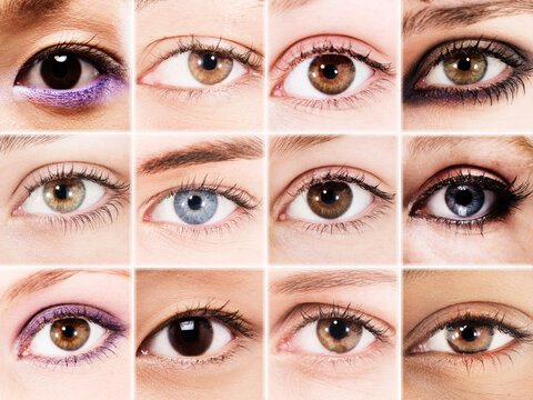 Composite grid of twelve young women, close-ups of one eye