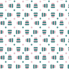 Vector seamless coffee cup pattern. Repeat motif with morning coffee hot drink and coffee beans in green and pink color on white background