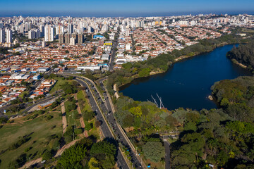 Taquaral lagoon in Campinas at dawn, view from above, Portugal park, Sao Paulo, Brazil